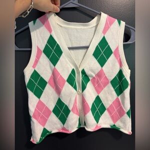 Cropped Pink and Green Argyle Sweater Vest